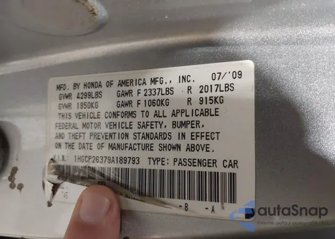 2009 Honda Accord 2.4 Lx из США, поврежденный, VIN 1HGCP26379A189793